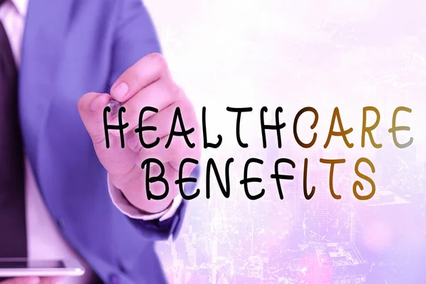 Texto escrito Word Healthcare Benefits. Conceito de negócio para o valor de mercado justo mensalfornecido aos trabalhadores a cargo . — Fotografia de Stock