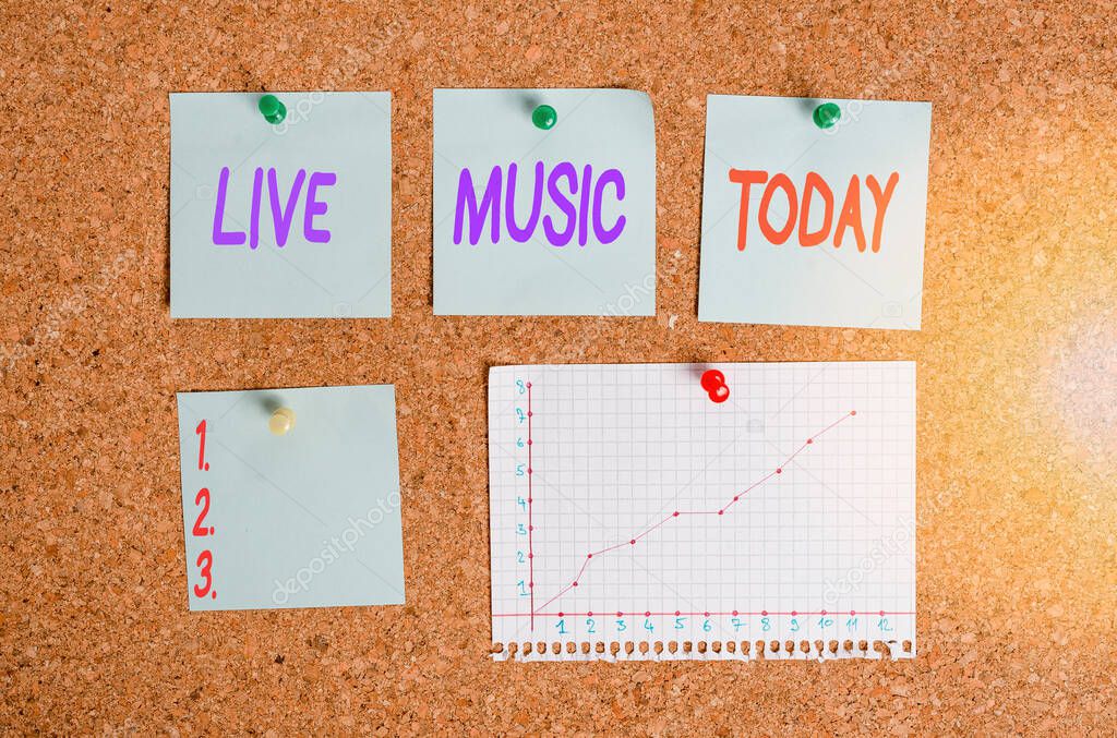 Handwriting text writing Live Music. Concept meaning performance given by one or more singers or instrumentalists Corkboard color size paper pin thumbtack tack sheet billboard notice board.