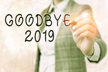 Kelime yazma metni Elveda 2019 Yıl sonunda ayrılık sırasında iyi dileklerini dile getiren iş konsepti.