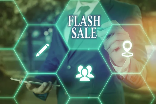 Εννοιολογική γραφή χέρι δείχνει Flash Sale. Business photo κείμενο μια πώληση των αγαθών σε πολύ μειωμένες τιμές σε σύντομο χρονικό διάστημα. — Φωτογραφία Αρχείου