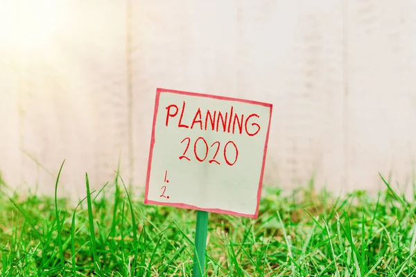 Написання тексту Планування 2020 року бізнес-концепція створення планів для чогось наступного року Простий папір прикріплений до палички і поміщений в зеленій трав'янистій землі . — стокове фото