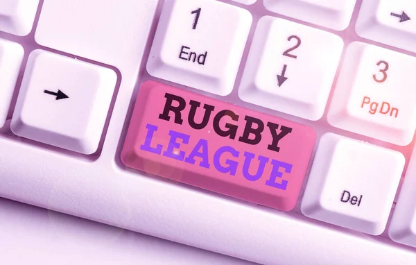 Handwriting text Rugby League. Concept meaning form of rugby football played between teams of 13 players.