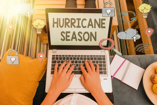 Writing note showing Hurricane Season. Business photo showcasing time when most tropical cyclones are expected to develop.