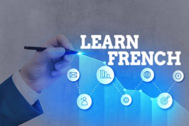 Kelime yazma metni Fransızca öğren. Fransızca konuşma ve yazma konusunda bilgi ve beceri edinme konsepti.