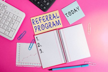 Referans Programını gösteren kavramsal el yazısı. Ahşap masaya yerleştirilen ekipman ve bilgisayar malzemelerini yazan organizasyonlar tarafından kullanılan iş fotoğrafı gösterme yöntemi.