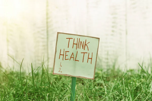 Word writing text Think Health. Geschäftskonzept für den Zustand des vollständigen körperlichen und sozialen Wohlbefindens Einfaches leeres Papier, das an einem Stock befestigt und im grünen Grasland platziert wird. — Stockfoto