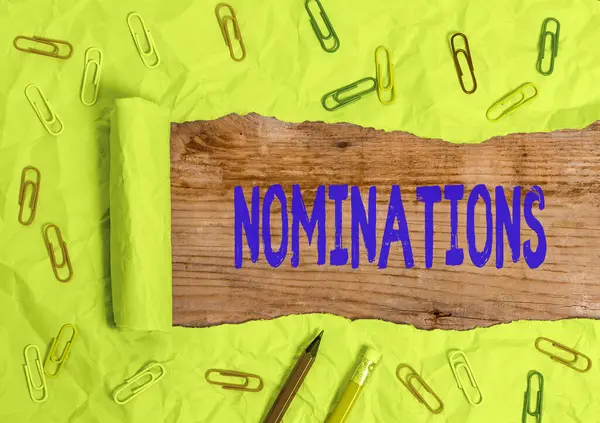 Word-nominaties voor tekst schrijven. Bedrijfsconcept voor de benoeming van Nominating Committee of staat genomineerd voor prijs. — Stockfoto