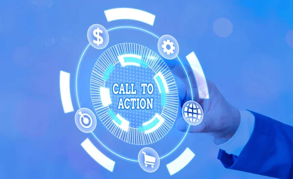 Escrita conceitual mostrando Call To Action. Exortação de texto de foto de negócios fazer algo para alcançar objetivo com problema . — Fotografia de Stock