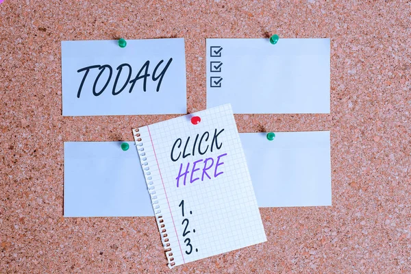 Writing note showing Click Here. Business photo showcasing carry out a computer operation by pressing a button on the mouse Corkboard size paper thumbtack sheet billboard notice board.