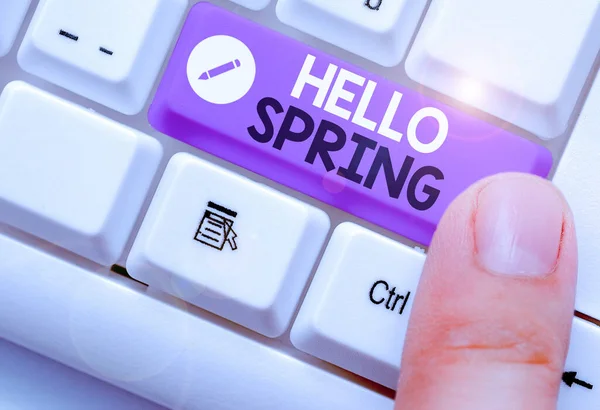 Writing note showing Hello Spring. Business photo showcasing welcoming the season of the blossoming of flowers End of winter. — Stock Photo, Image