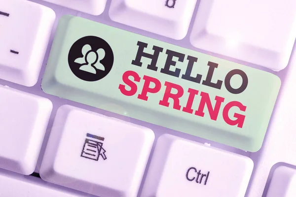 Conceptual hand writing showing Hello Spring. Business photo showcasing welcoming the season of the blossoming of flowers End of winter. — Stock Photo, Image