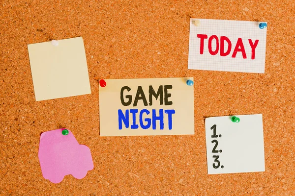 Conceptual hand writing showing Game Night. Business photo text usually its called on adult play dates like poker with friends Corkboard size paper thumbtack sheet billboard notice board.