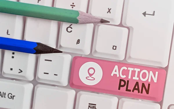 Word writing text action plan. Geschäftskonzept für vorgeschlagene Strategie oder Vorgehensweise für eine bestimmte Zeit. — Stockfoto