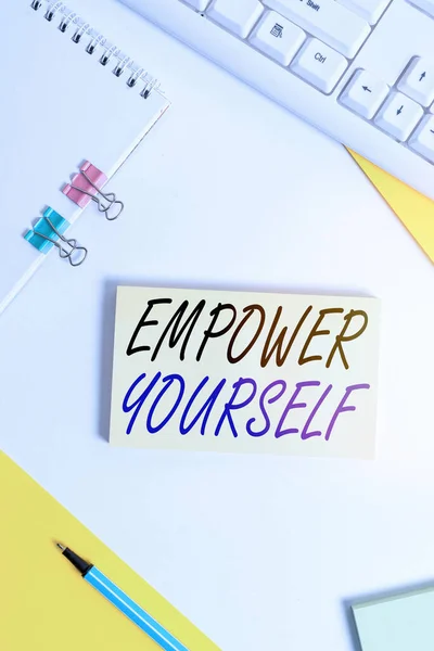 Writing note showing Empower Yourself. Business photo showcasing taking control of our life setting goals and making choices Flat lay with pc keyboard and copy space for text messages. — Stock Photo, Image