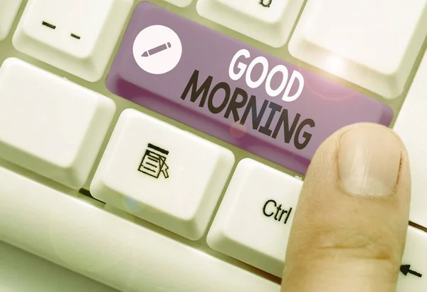 Writing note showing Good Morning. Business photo showcasing expressing good wishes on meeting or parting during the morning. — Stockfoto