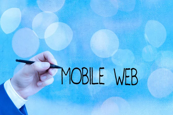Konceptuální rukopis zobrazující Mobile Web. Internetové služby založené na firemních fotografiích dostupné z mobilního telefonu. — Stock fotografie