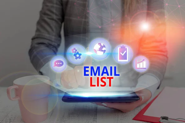 Word writing text Email List. Business concept for widespread distribution of information to many Internet users.