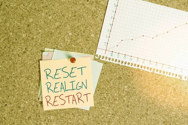 Conceptual hand writing showing Reset Realign Restart. Business photo showcasing Life audit will help you put things in perspectives Corkboard size paper thumbtack sheet billboard notice board. — Stock Photo, Image