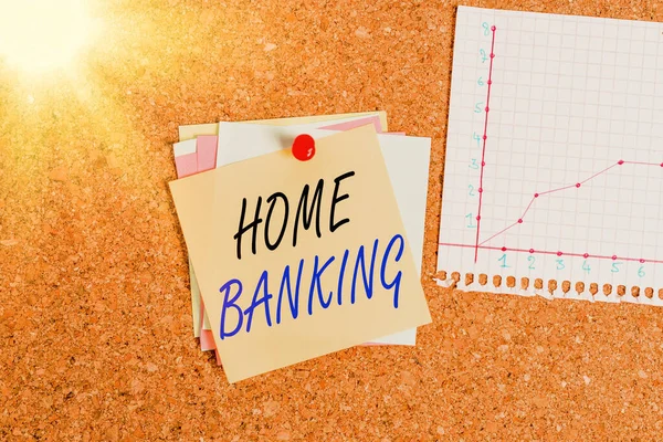 Writing note showing Home Banking. Business photo showcasing banking transactions are performed directly by telephone Corkboard size paper thumbtack sheet billboard notice board.