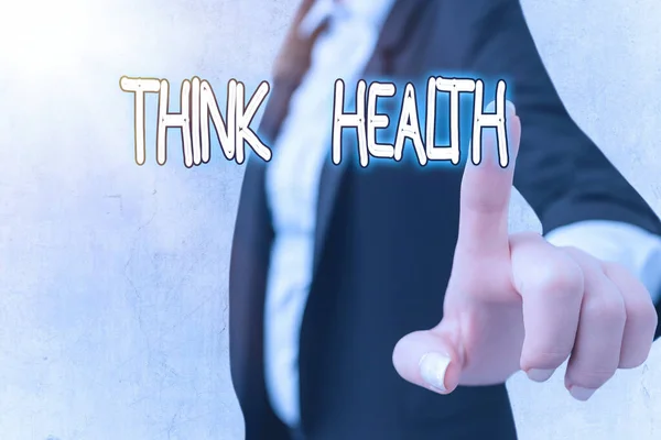 Woord schrijven tekst Denk Gezondheid. Bedrijfsconcept voor staat van volledig lichamelijk en sociaal welzijn. — Stockfoto