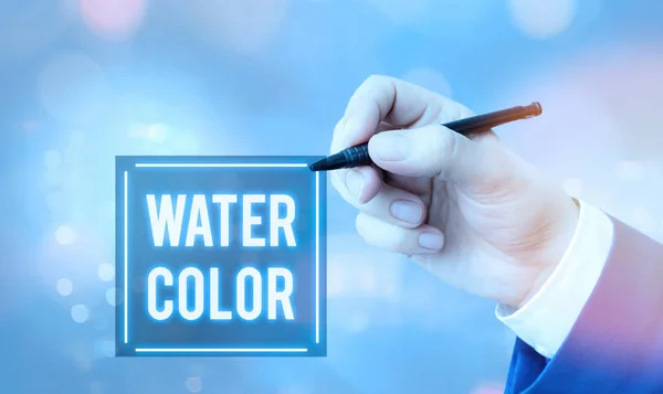 Escrita de mão conceitual mostrando a cor da água. Foto de negócios texto aglutinante solúvel em água, como goma arábica e diluído com água . — Fotografia de Stock