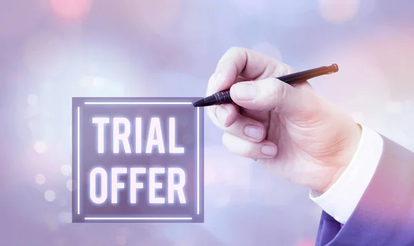 Conceptual hand writing showing Trial Offer. Business photo text A temporary free or discounted offer of a product or services.
