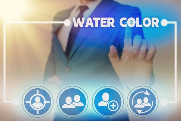 Słowo pisanie tekstu Kolor wody. Koncepcja biznesowa dla rozpuszczalnego w wodzie spoiwa, takiego jak guma arabska i rozcieńczona wodą. — Zdjęcie stockowe