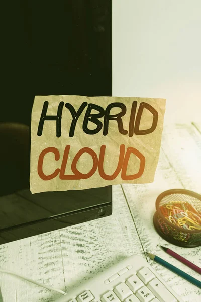 Text sign showing Hybrid Cloud. Conceptual photo computing environment that combines public and a private cloud Note paper taped to black computer screen near keyboard and stationary.