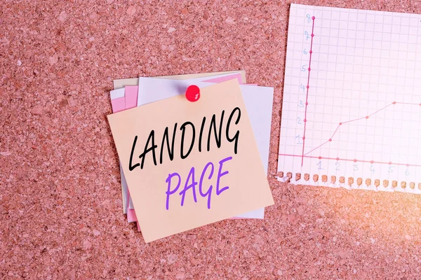 Writing note showing Landing Page. Business photo showcasing Web page that a user arrives at after clicking a hyperlink Corkboard size paper thumbtack sheet billboard notice board. — Stock Photo, Image