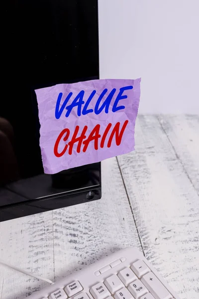 Ecriture conceptuelle montrant la chaîne de valeur. Photo d'affaires montrant le processus ou les activités par lesquelles l'entreprise ajoute de la valeur à un article Écran de moniteur d'ordinateur en papier de notation près du clavier blanc . — Photo