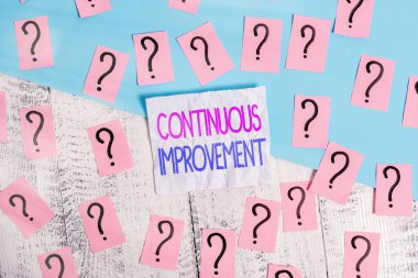 El yazısı yazısında sürekli gelişme var. Konsept, ürün ve işlemleri geliştirmek için devam eden çaba anlamına gelir. Ahşap masanın üzerinde kalın kartonla yazılmış ve parçalanmış kağıtlar..