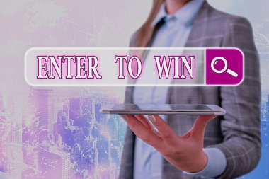 Enter To Win 'i gösteren kavramsal el yazısı. İş fotoğrafı sergisi ödül ya da kazanma şansı karşılığında bir şey takas ediyor..