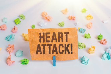 Kalp krizini gösteren kavramsal el yazısı. Koroner trombozun aniden ortaya çıkan iş fotoğrafı metni ölümle sonuçlandı. Renkli buruşmuş kağıt boş hatırlatıcı beyaz zemin mandalı..