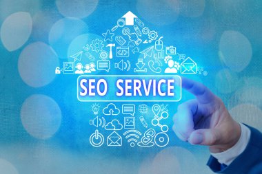 Seo Service yazılı el yazısı metin. Kavram anlamı teknikleri ve prosedürleri web sitesi görünürlüğünü artırmak için.