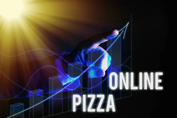 Tekst pisania słów Pizza Online. Koncepcja biznesowa dla szybkiej dostawy pizzy na wyciągnięcie ręki Zamawianie żywności online. — Zdjęcie stockowe