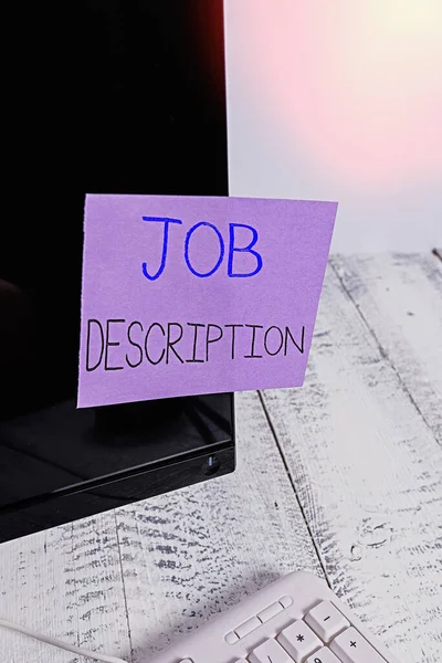 Segno di testo che mostra Job Description. Foto concettuale un resoconto formale delle responsabilità di un dipendente Carta per notazione registrata sullo schermo del monitor del computer nero vicino alla tastiera bianca . — Foto Stock