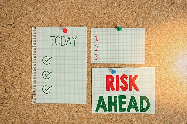 Text sign showing Risk Ahead. Conceptual photo A probability or threat of damage, injury, liability, loss Corkboard color size paper pin thumbtack tack sheet billboard notice board. — Stock Photo, Image