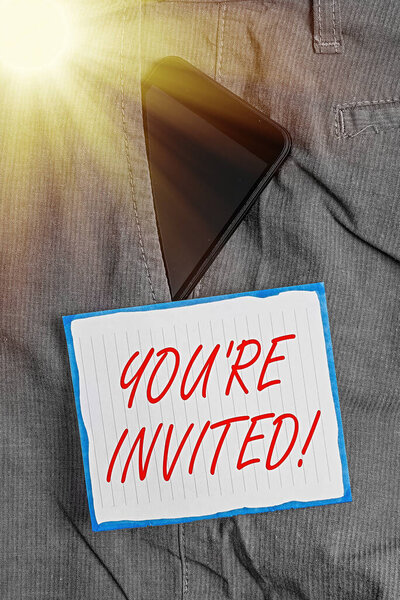 Консервативное написание от руки, показывающее, что Вас приглашают. Бизнес фото текст сделать вежливый дружеский запрос к кому-то пойти куда-нибудь смартфон устройство внутри брюк переднего кармана бумагу
.