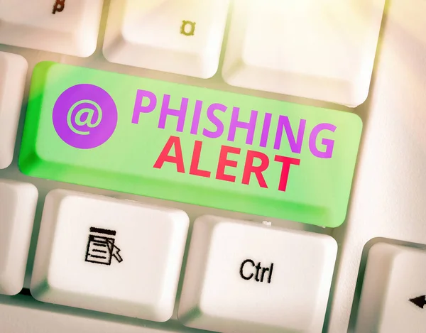 Schreibnotiz mit Phishing Alert. Geschäftsfotos zeigen betrügerischen Versuch, an sensible Informationen zu gelangen. — Stockfoto