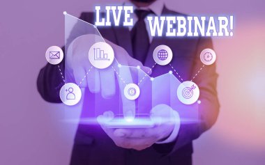 Canlı Webinar 'ı gösteren mesaj işareti. Web üzerinden iletilen kavramsal fotoğraf sunumu dersi veya semineri.