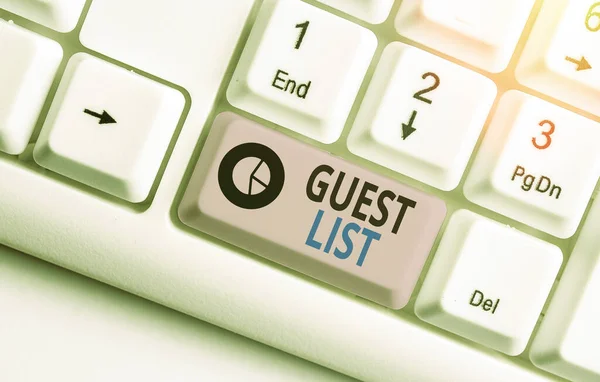 Writing note showing Guest List. Business photo showcasing a list of showing who are allowed to enter the show or an event.