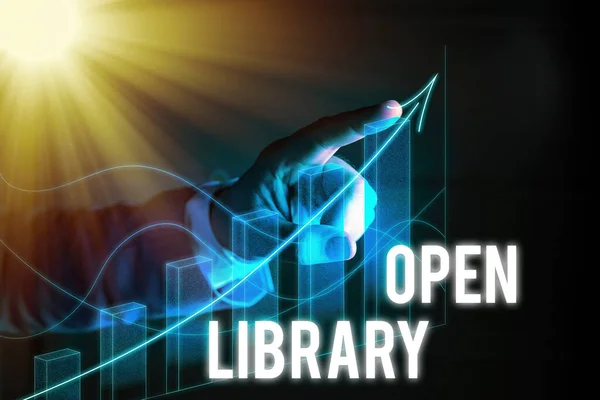 Tekst schrijven Open Bibliotheek. Bedrijfsconcept voor online toegang tot veel publieke domeinen en uitverkochte boeken. — Stockfoto