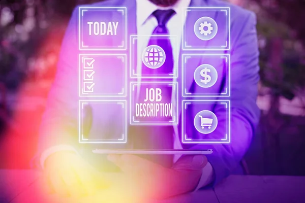 Conceptual hand writing showing Job Description. Business photo showcasing a formal account of an employee responsibilities.