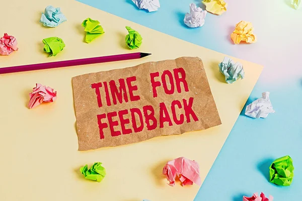 Text sign showing Time For Feedback. Conceptual photo information about reactions to a product or services Colored crumpled papers empty reminder blue yellow background clothespin. — Stock Photo, Image