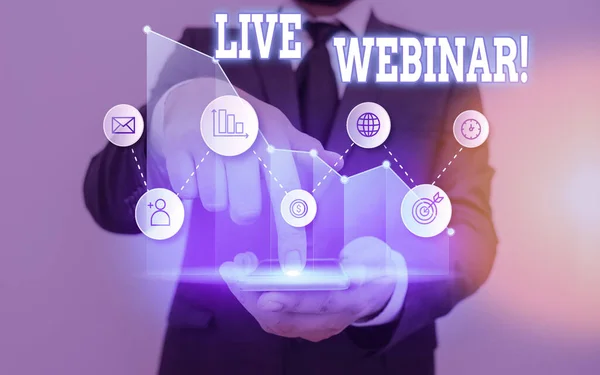 Tekstbord met Live Webinar. Conceptuele fotopresentatie lezing of seminar uitgezonden via het web. — Stockfoto