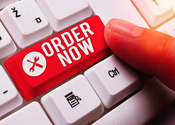 Text sign showing Order Now. Conceptual photo the activity of asking for goods or services from a company. — Stock Photo, Image