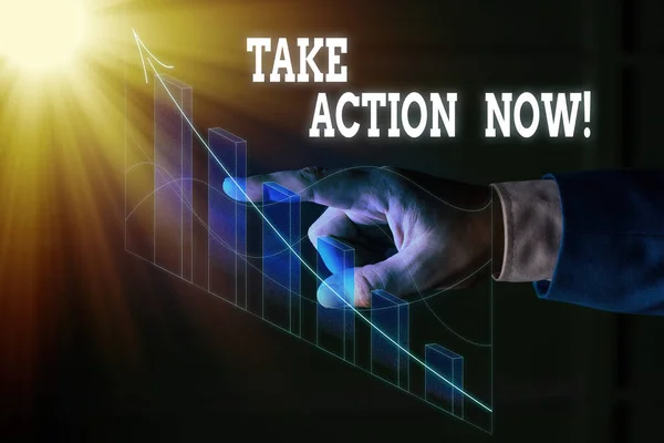 Текст рукописи Take Action Now. Понятие смысл сделать что-то официальное или согласованное достичь цели с проблемой . — стоковое фото