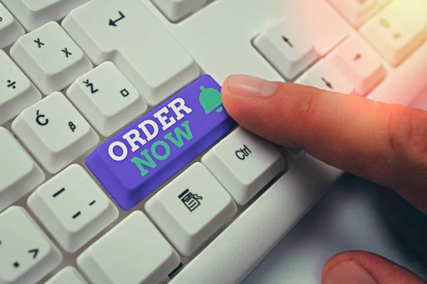 Conceptual hand writing showing Order Now. Business photo showcasing the activity of asking for goods or services from a company. — Stock Photo, Image
