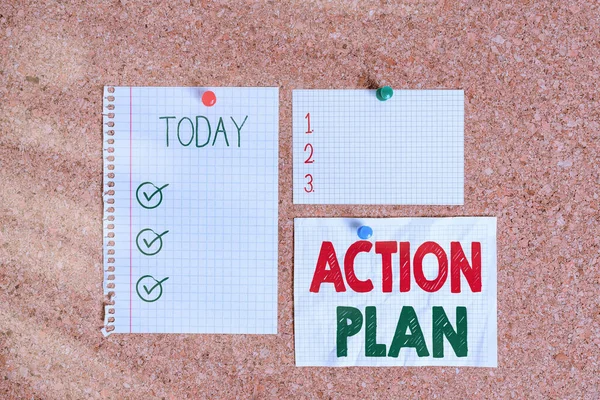 Text sign showing Action Plan. Conceptual photo detailed plan outlining actions needed to reach goals or vision Corkboard color size paper pin thumbtack tack sheet billboard notice board.