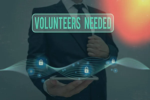 Writing note showing Volunteers Needed. Business photo showcasing need work or help for organization without being paid. — Stock Photo, Image